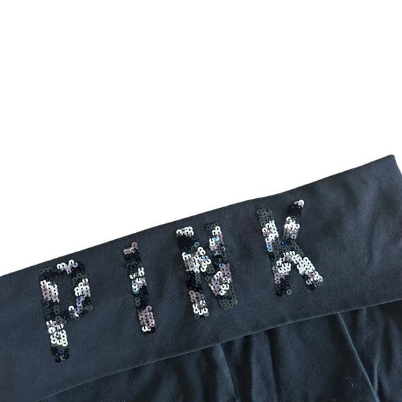Pink Victoria's Secret Black Sequin Foldover Yoga Pants Flare Leggings Sz S - Picture 2 of 4